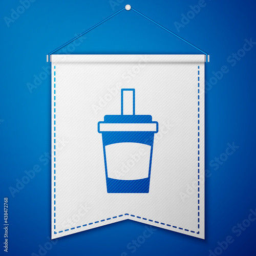 Blue Paper glass with drinking straw and water icon isolated on blue background. Soda drink glass. Fresh cold beverage symbol. White pennant template. Vector