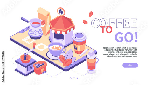 Coffee to go - modern colorful isometric web banner