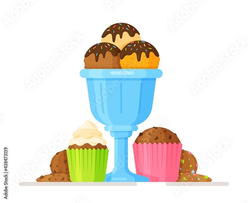 Vector illustration of a sweet concept consisting of ice cream in a blue glass, cupcakes, cookies. Sugary, flour confectionery, chocolate, cocoa. 