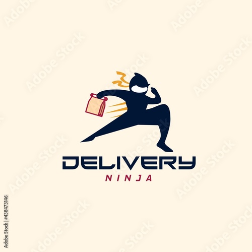 Delivery ninja man courier holding food bag logo design vector template. Delivery service, delivery express, delivery solution, fast delivery concept.