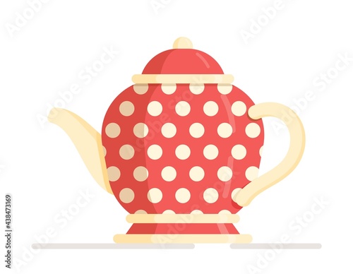 Vector illustration of a red teapot with white speckles. Cute ceramic colored teapot isolated on white background.