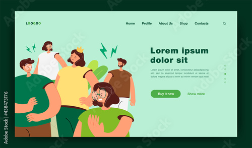 Arrogant selfish person in crown making group of people annoyed and angry. Lonely girl having behavior problems. Vector illustration for aggressive society, bad communication concept