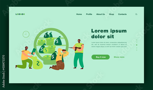 Banking thieves in masks threatening bank workers flat vector illustration. Cartoon robbers taking money from safe. Bank robbery and finance crime concept