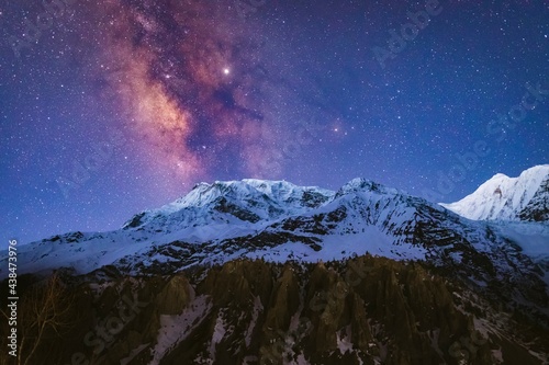Starry Dawn with Milky Way Galaxy Rising over Annapurna Mountain in Manang Nepal