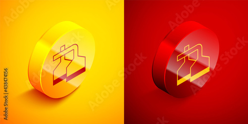Isometric Traditional brewing vessels in brewery icon isolated on orange and red background. Beer brewing process. Distillery plant, brewery. Circle button. Vector