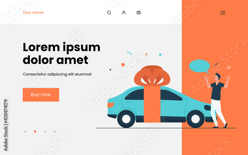 Surprised young man getting car as gift. Yellow vehicle, red ribbon, bow. Flat vector illustration. Prize drawing, present, automobile concept for banner, website design or landing web page