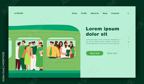 Commuting, transport and overpopulation concept. Crowd of passengers traveling by subway train, standing tight in overcrowded carriage. Flat vector illustration