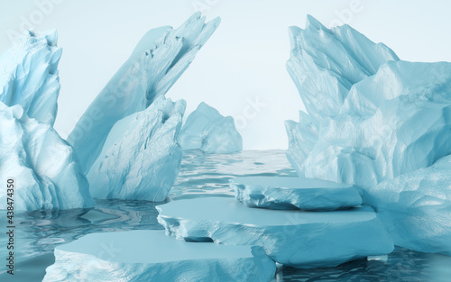Minimal cool-tone background for product showcase and cosmetic presentation. The blue stone podium on the water in front of Sunshade shadow with a cold winter mood. realistic, 3d render illustration.