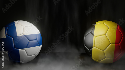 Two soccer balls in flags colors on a black abstract background. Finland and Belgium. 3d image