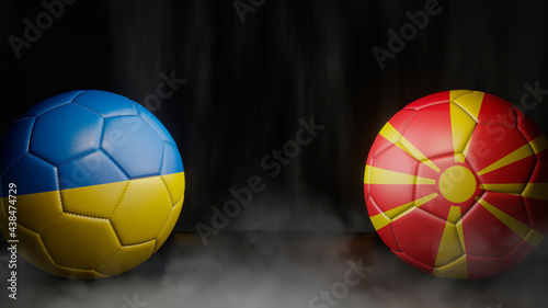 Two soccer balls in flags colors on a black abstract background. Ukraine and North Macedonia. 3d image