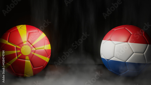 Two soccer balls in flags colors on a black abstract background. North Macedonia and Netherlands. 3d image