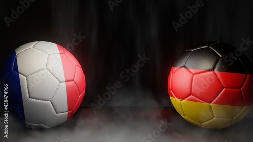 Two soccer balls in flags colors on a black abstract background. France and Germany. 3d image