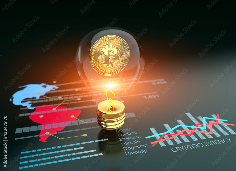 Fototapeta premium Bitcoin decentralized financial crypto art as golden coin cryptocurrency. Crypto market data banking abstract 3D symbol design lightbulb background.