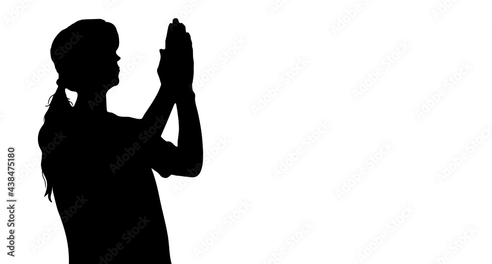 A woman, a girl with folded hands for prayer. Black silhouette, vector illustration.