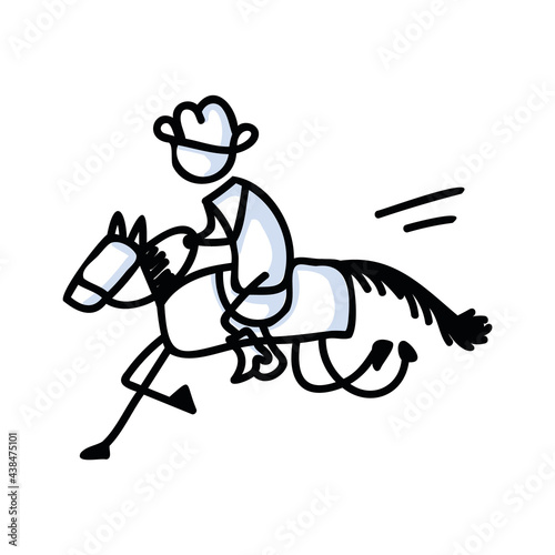 Black and white drawn stick figure of cowboy horseback rider clip art. Wild masculine stallion for monochrome folk icon sketchnote or illustrated scrapbook vector silhouette motif.
