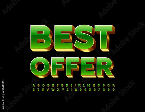 Vector premium badge Best Offer. Luxury 3D Font. Golden and Green Alphabet Letters and Numbers set