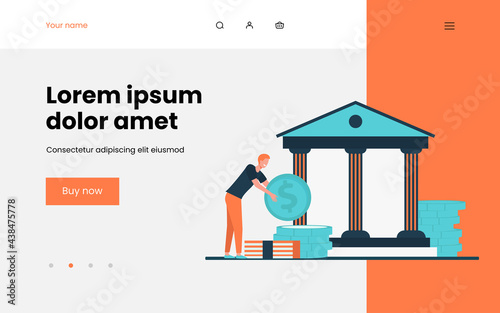 Man getting a loan. Bank building, saving, cash flat vector illustration. Finance, money, banking concept for banner, website design or landing web page