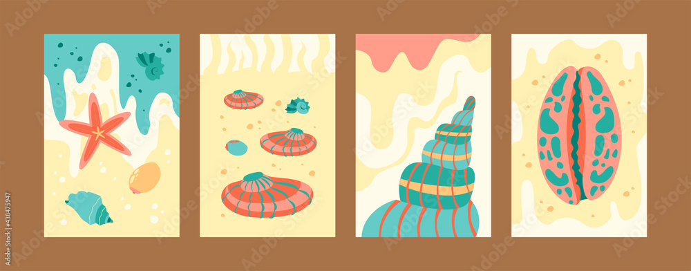 Colorful seashore collection of contemporary art posters. Marine images in pastel colors. Cute seashells and starfish on gentle background. Sea life concept for banners, website design or landing page