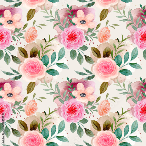 Seamless pattern of rose flower watercolor with splashes stains © Asrulaqroni