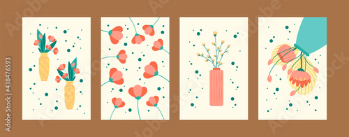 Bright floral collection of contemporary art posters. Bright flowers in vases and pots. Postcard invitation design. Flowers and bouquet concept for banners, website design or backgrounds