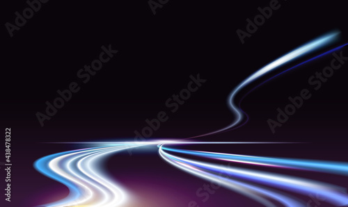 Long exposure fast car light trails on night city road vector illustration. Neon blue traffic light tails of speed auto transport vehicles, bright automobile flash lines on motorway dark background