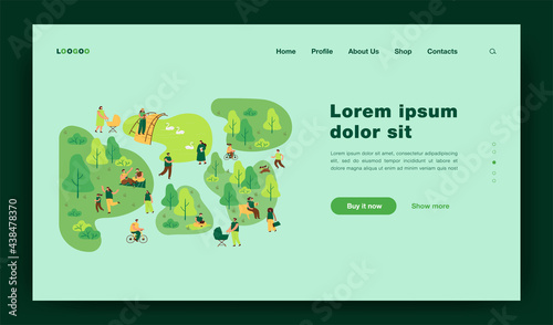 Happy different people walking in city park flat vector illustration. Cartoon characters relaxing, cycling and exercising on nature. Summer activity and leisure concept