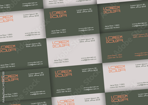 Modern Business Cards Mosaic Template. Realistic Vector Stationary Mockups Scene with Soft Shadows and Typographic Layout. Top View Background Decorative Layout