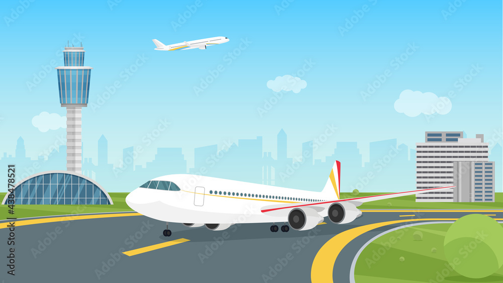 Airplane taking off from airport runway, passenger aircraft takeoff illustration. Cartoon landscape airport view with aeroplane on airfield, control traffic tower, city building silhouettes background