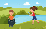 Children collect trash garbage, clean nature vector illustration. Cartoon cute team of volunteer boy girl characters cleaning green summer park together, friends gathering plastic rubbish bottles