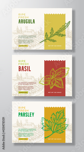 Fresh Local Food Label Templates Set. Abstract Vector Packaging Design Layouts Collection. Banners with Hand Drawn Arugula, Basil and Parsley Herbs and Rural Landscape Background. Isolated