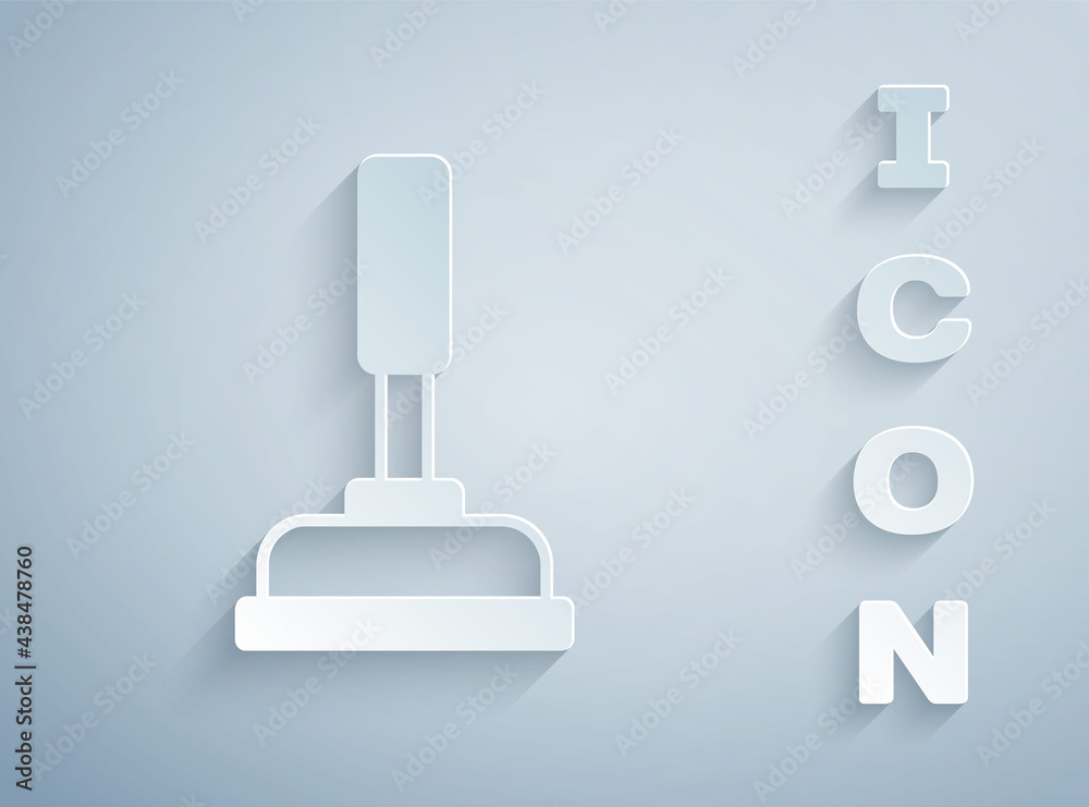Paper cut Rubber plunger with wooden handle for pipe cleaning icon isolated on grey background. Toilet plunger. Paper art style. Vector Paper cut Rubber plunger with wooden handle for pipe cleaning icon isolated on grey background. Toilet plunger. Paper art style. Vector