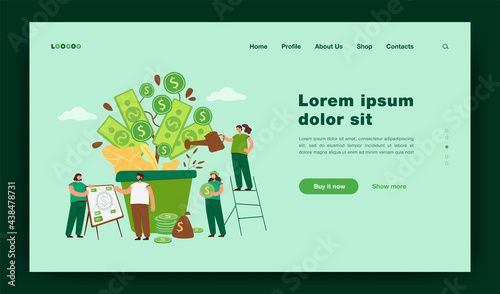 Happy rich people growing financial plant, watering money tree at pile of cash, analyzing wealth and prosperity. Vector illustration for business, finance, revenue, investing concept