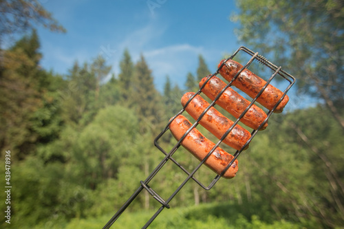 Sausages on a wire rack.