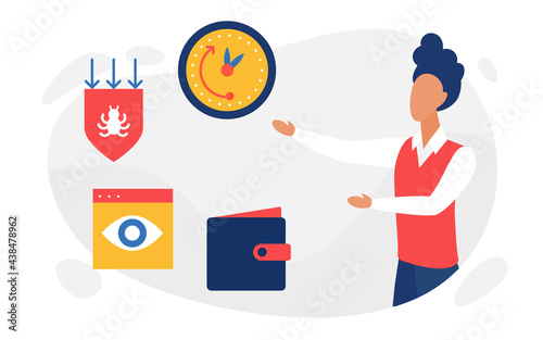 Virtual money protection concept vector illustration. Cartoon security protecting electronic wallet from hacking attack, secure digital currency financial service and user customer man character