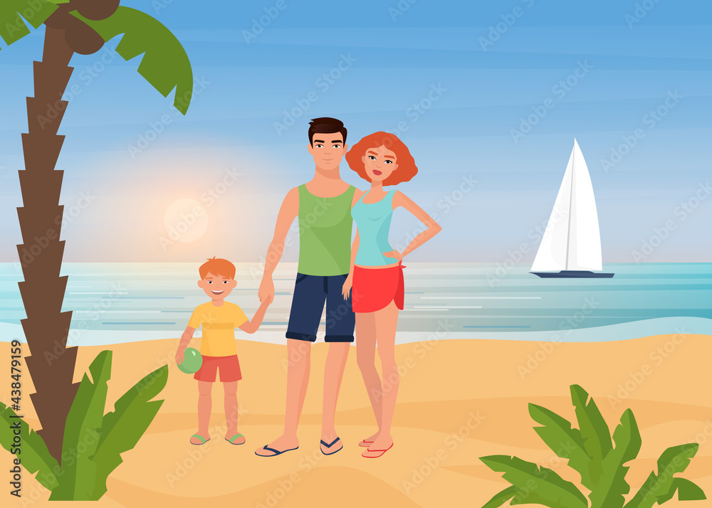 Family happy people enjoy tropical island paradise resort, sea beach vacation vector illustration. Cartoon young mother father and child characters standing together next to palm tree background Family happy people enjoy tropical island paradise resort, sea beach vacation vector illustration. Cartoon young mother father and child characters standing together next to palm tree background