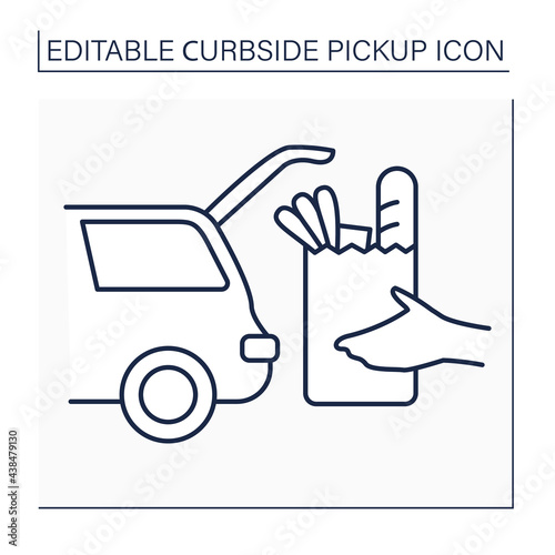 Curbside pickup line icon. Transporting products from grocery into car trunk. Safe way to pick up orders from supermarkets. Contact-free delivery concept. Isolated vector illustration. Editable stroke