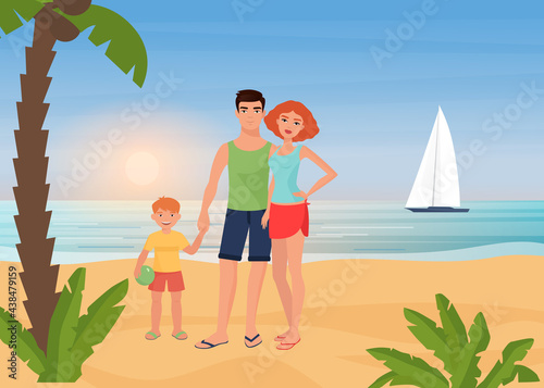 Family happy people enjoy tropical island paradise resort, sea beach vacation vector illustration. Cartoon young mother father and child characters standing together next to palm tree background