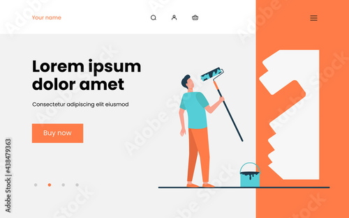 House-painter painting wall with paint roller. Color, handyman, repairman flat vector illustration. Repair and renovation concept for banner, website design or landing web page