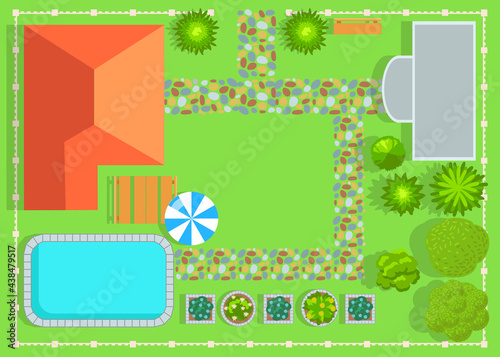 Top view of small private house with swimming pool and garden. Suburban house with plants, bench, beach umbrella, garage flat vector illustration. Plan, exterior concept.