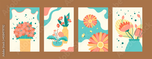 Colorful floral collection of contemporary art posters. Bright flowers in vases and pots. Postcard invitation design. Flowers and bouquet concept for banners, website design or backgrounds