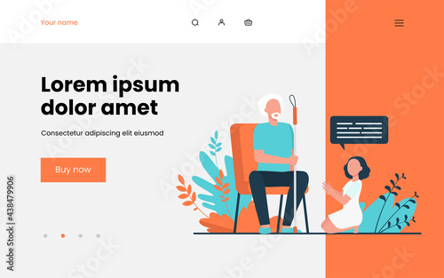 Little girl sitting on floor and speaking with grandfather. Dialog, grandchild, elderly flat vector illustration. Retirement or communication concept for banner, website design or landing web page