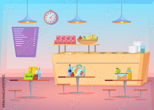 Cozy empty canteen interior cartoon illustration. Flat vector picture of cafe space with healthy food on tables, chairs, menu. Can be used for restaurant business. Cafeteria, lunch time concept.
