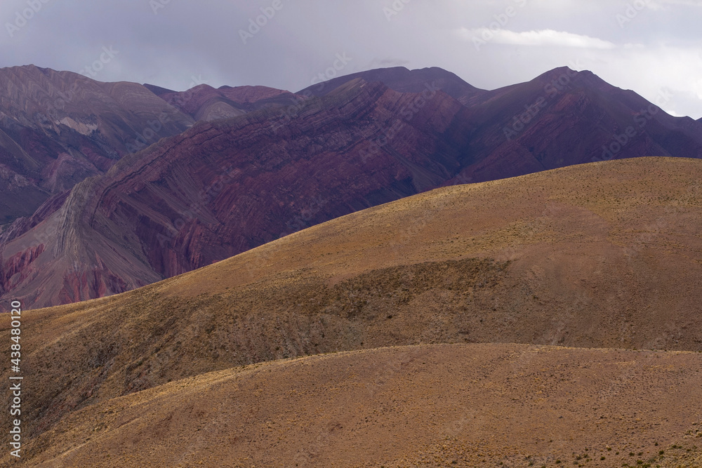 Natural background. Detail view of famous Hornocal mountain in Humahuaca. Jujuy, Argentina. The golden grassland and purple rock texture and pattern.