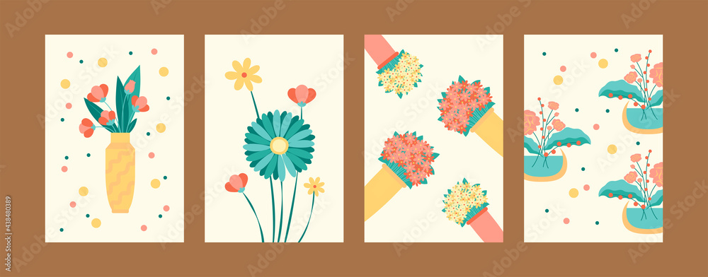 Blossoming flowers in pastel style. Bright flowers in vases and pots. Postcard invitation design. Flowers and bouquet concept for banners, website design or backgrounds Blossoming flowers in pastel style. Bright flowers in vases and pots. Postcard invitation design. Flowers and bouquet concept for banners, website design or backgrounds