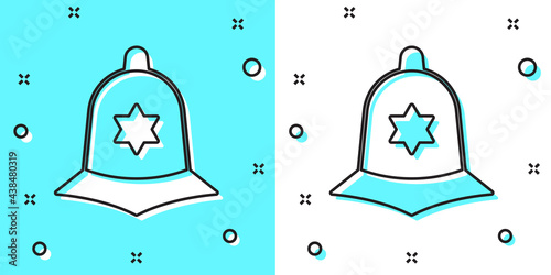 Black line British police helmet icon isolated on green and white background. Random dynamic shapes. Vector
