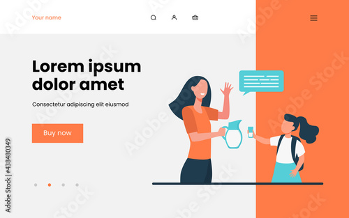 Mom giving daughter glass of milk. Child, kid, pouring from jug, speech bubble. Flat vector illustration. Childhood, healthy nutrition concept for banner, website design or landing web page