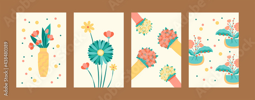 Blossoming flowers in pastel style. Bright flowers in vases and pots. Postcard invitation design. Flowers and bouquet concept for banners, website design or backgrounds