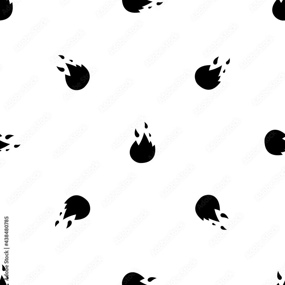 Seamless pattern of repeated black fire symbols. Elements are evenly spaced and some are rotated. Vector illustration on white background