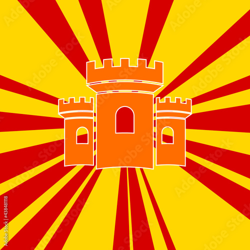 Castle symbol on a background of red flash explosion radial lines. The large orange symbol is located in the center of the sun, symbolizing the sunrise. Vector illustration on yellow background