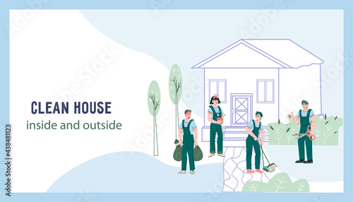 Garden, yard and house cleaning and maintenance company. Web page template for professional gardeners, janitors and cleaners services, cartoon vector illustration.
